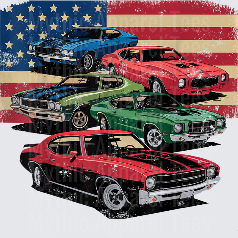 Vintage Classic Cars Muscle Car American Flag Patriotic T-Shirt