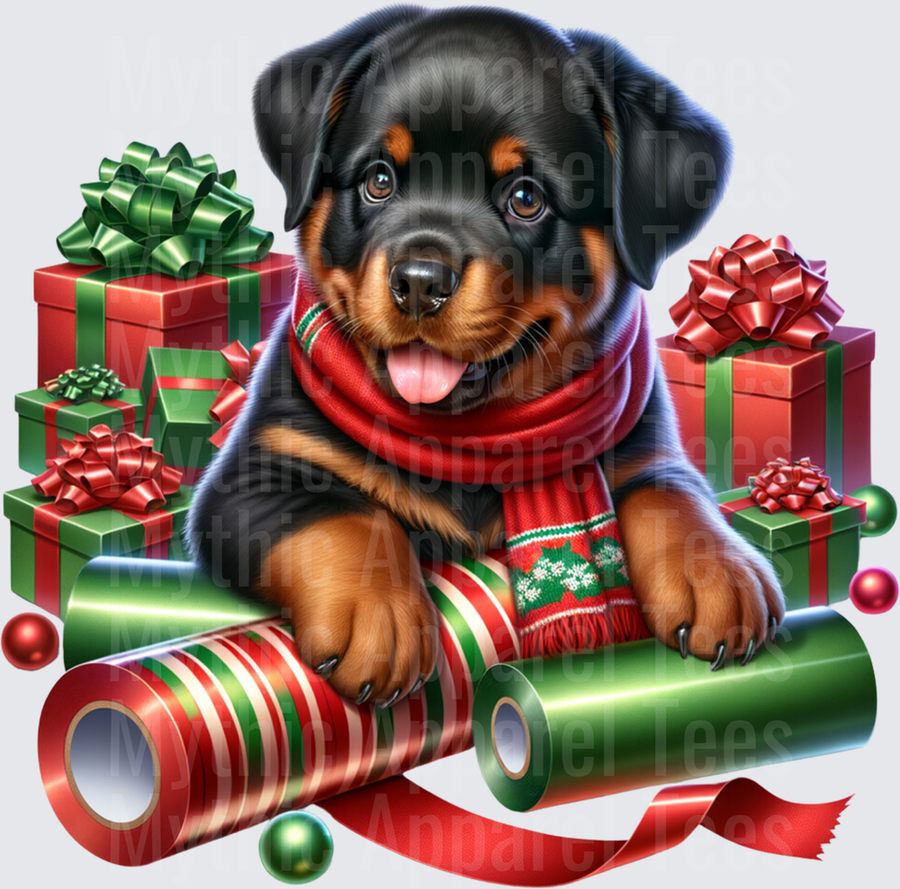Adorable Rottweiler Puppy with Christmas Scarf Surrounded by Holiday Gifts and Wrapping Paper