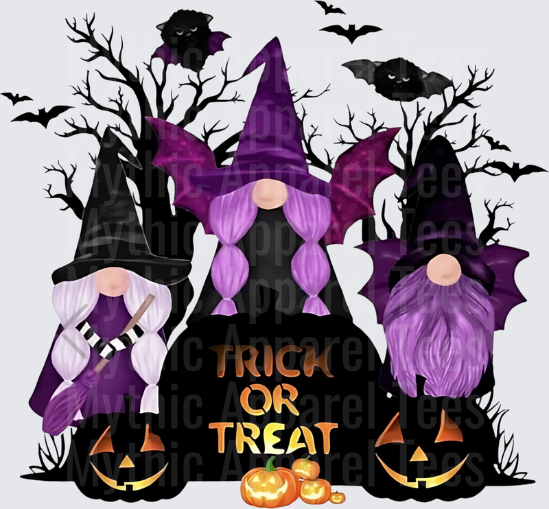 Three Halloween Gnomes Trick or Treat with Jack-o-Lanterns Bats and Spooky Trees Purple Witch Gnome Trio