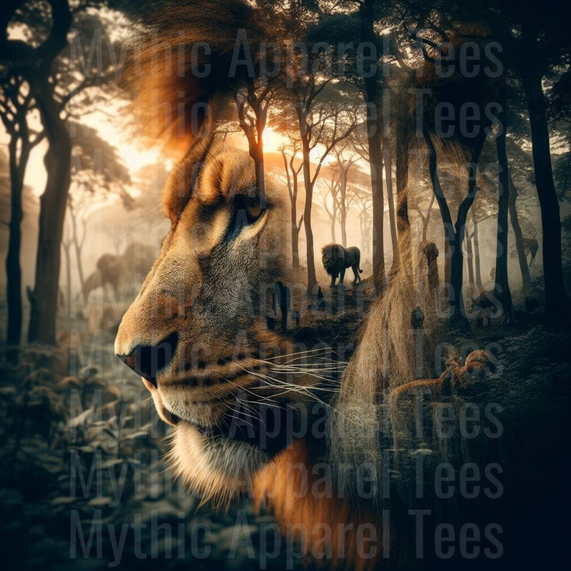 Majestic Lion Double Exposure African Savanna Wildlife Sunset Forest Scene