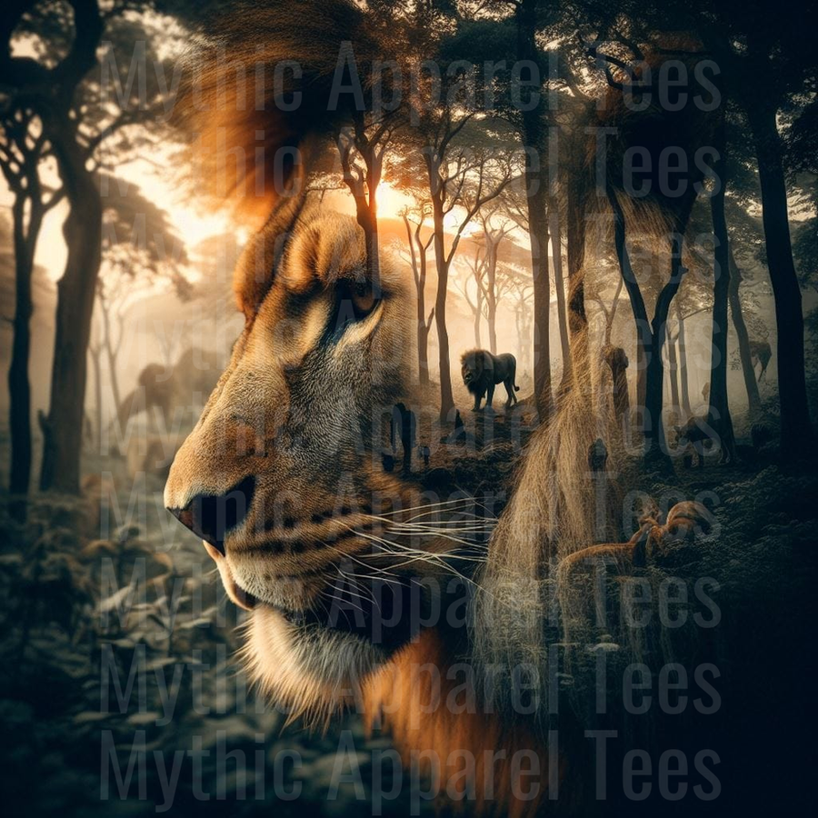 Majestic Lion Double Exposure African Savanna Wildlife Sunset Forest Scene