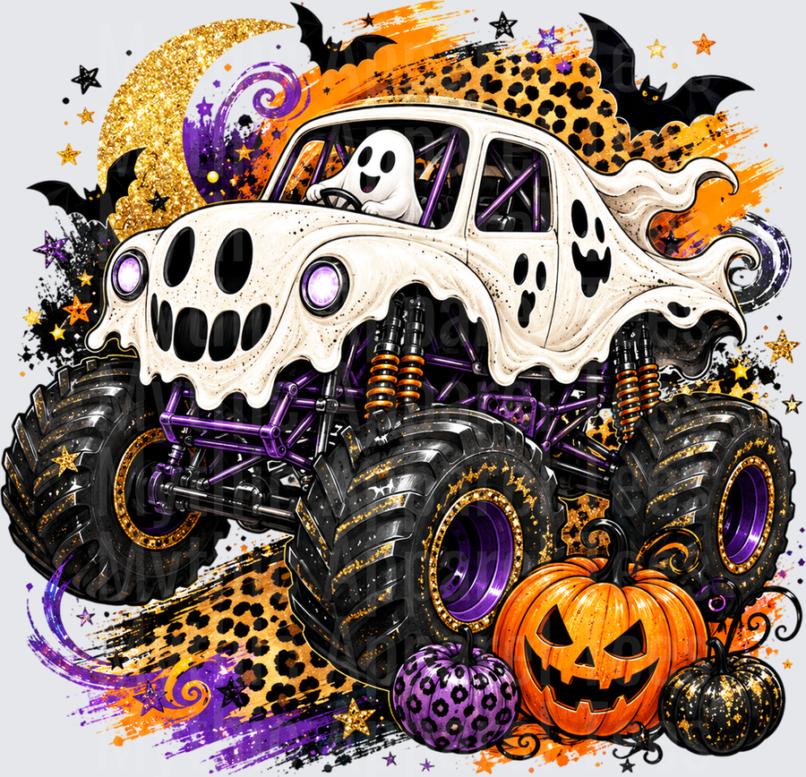 Halloween Ghost Monster Truck Pumpkins Bats Leopard Print