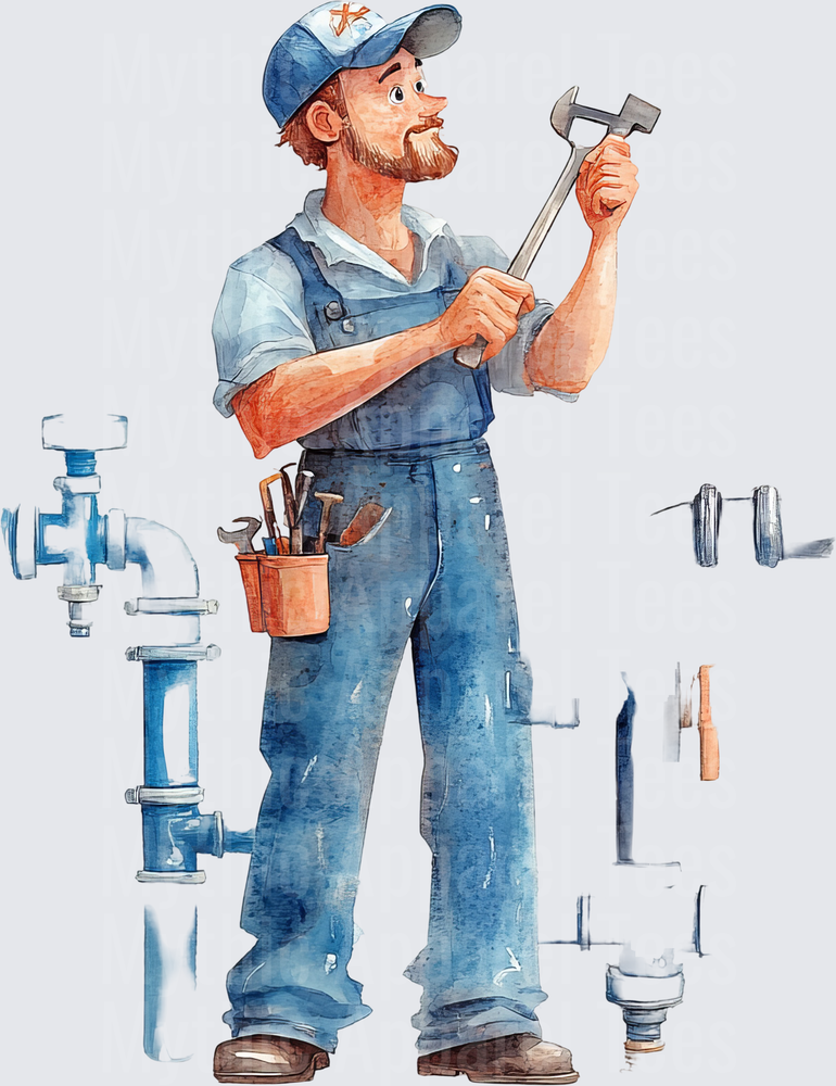 Watercolor Plumber in Blue Overalls Holding Wrench with Pipe Fittings and Tool Pouch