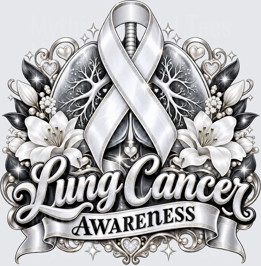 Lung Cancer Awareness White Ribbon with Lungs White Lilies Pearls and Sparkle Glam Design