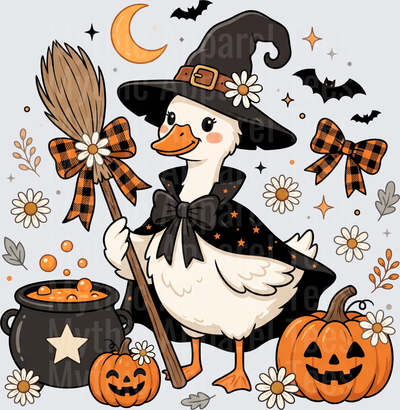 Halloween Witch Duck with Broom Pumpkins Cauldron Bats