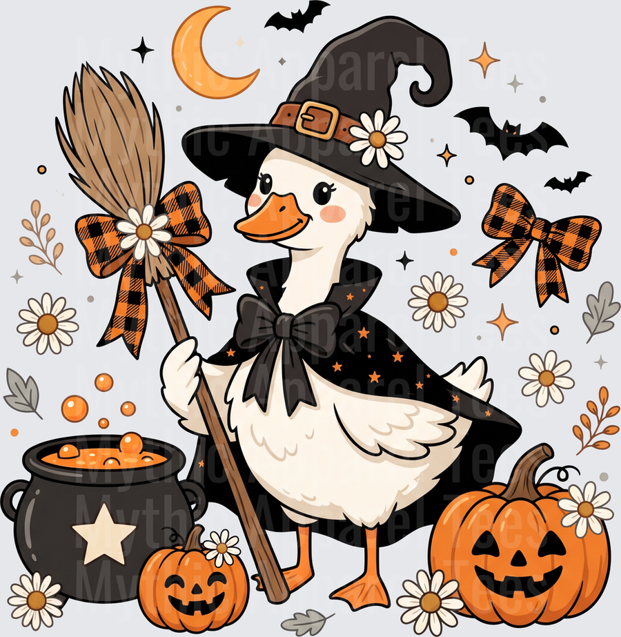 Halloween Witch Duck with Broom Pumpkins Cauldron Bats