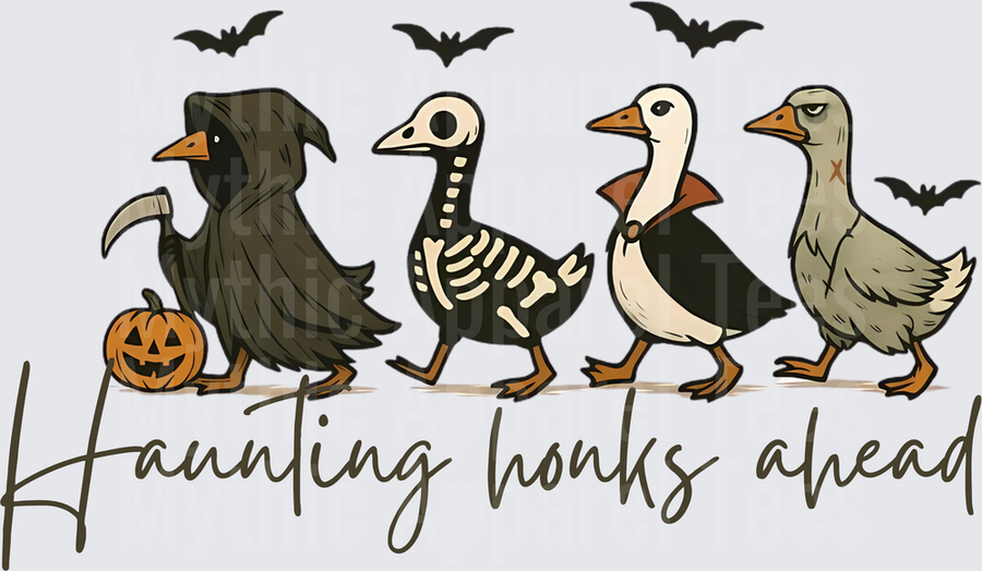 Haunting Honks Ahead Halloween Geese in Grim Reaper Skeleton Vampire and Zombie Costumes with Bats and Jack-o-Lantern