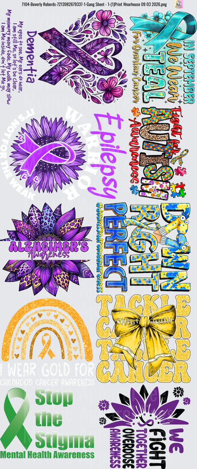 Gang Sheet FULL SIZE DESIGNS Purple Awareness Ribbon Sunflower Rainbow Epilepsy Mental Health Cancer Support Collection