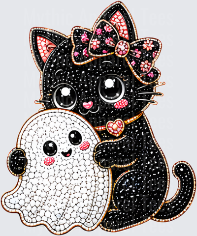 Halloween Bling Cute Black Cat with Pink Floral Bow Hugging Kawaii Ghost Rhinestone Sparkle Design