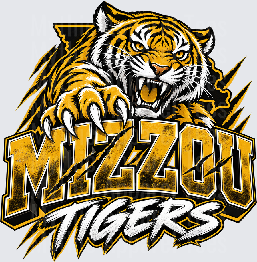 Mizzou Tigers Fierce Roaring Tiger Claw Scratch Bold Gold and Black Logo Design