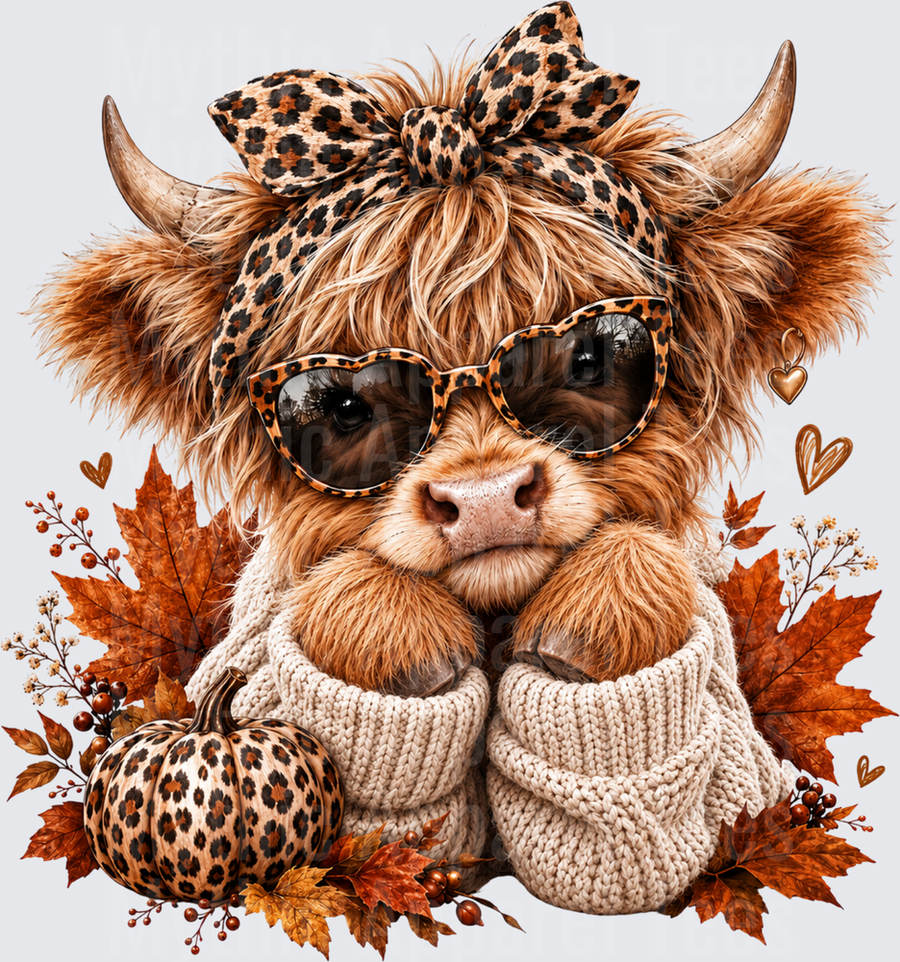 Sassy Highland Cow with Leopard Print Bow and Sunglasses Fall Autumn