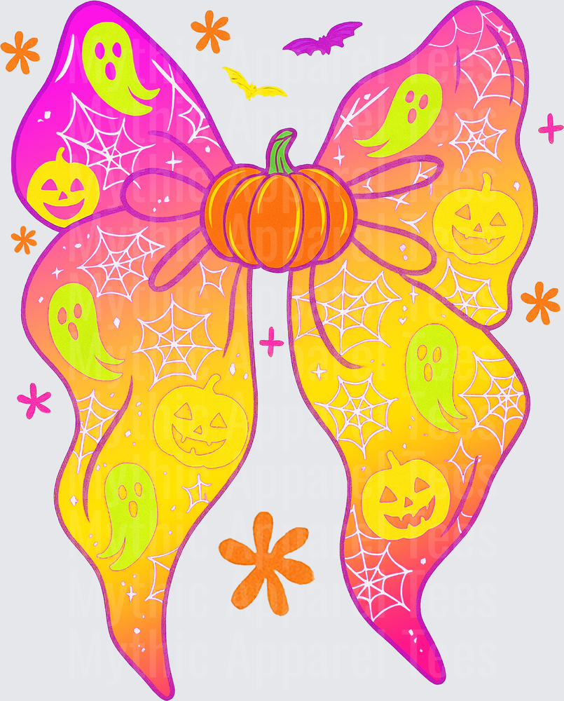 Halloween Coquette Bow with Pumpkin Center Ghost Jack-O-Lantern Spider Web Neon Pink Orange Yellow Gradient