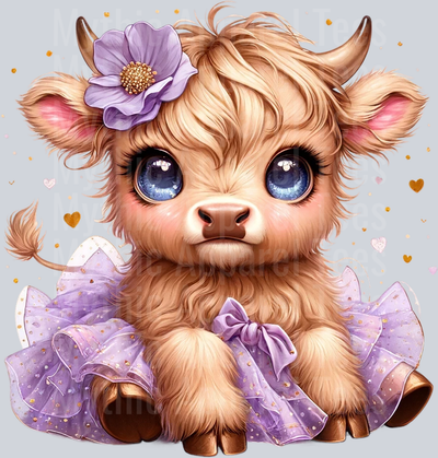 Cute Highland Cow Baby Purple and gold and pink flowers and tutu DTF Precious Highland Cow Transfers