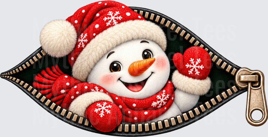 Cute Snowman Peeking Through Open Zipper Wearing Red Santa Hat Snowflake Scarf and Mittens