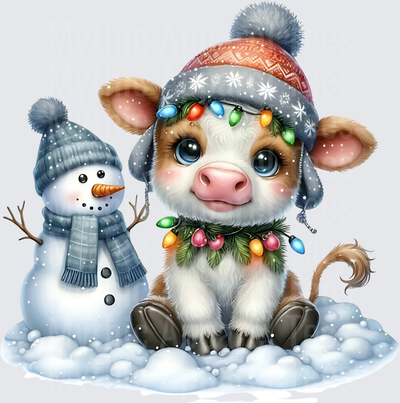 Highland Christmas Cow with Snowman and Holiday Lights in Snow
