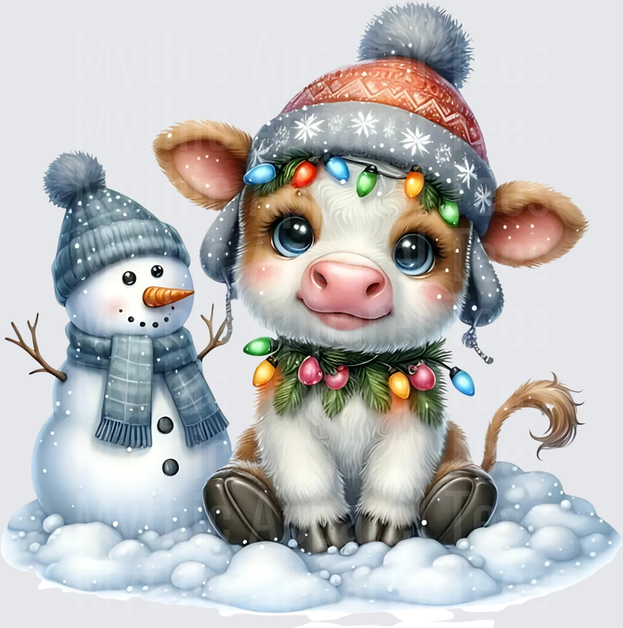Highland Christmas Cow with Snowman and Holiday Lights in Snow