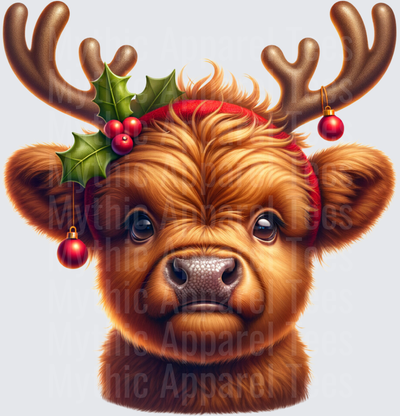 Highland Christmas Cow Calf with Reindeer Antlers Holly Hat