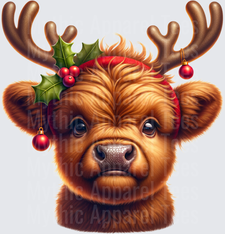 Highland Christmas Cow Calf with Reindeer Antlers Holly Hat