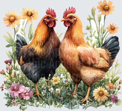 Farm Life and Farm Animals Watercolor Chicken Duo Wildflower Garden