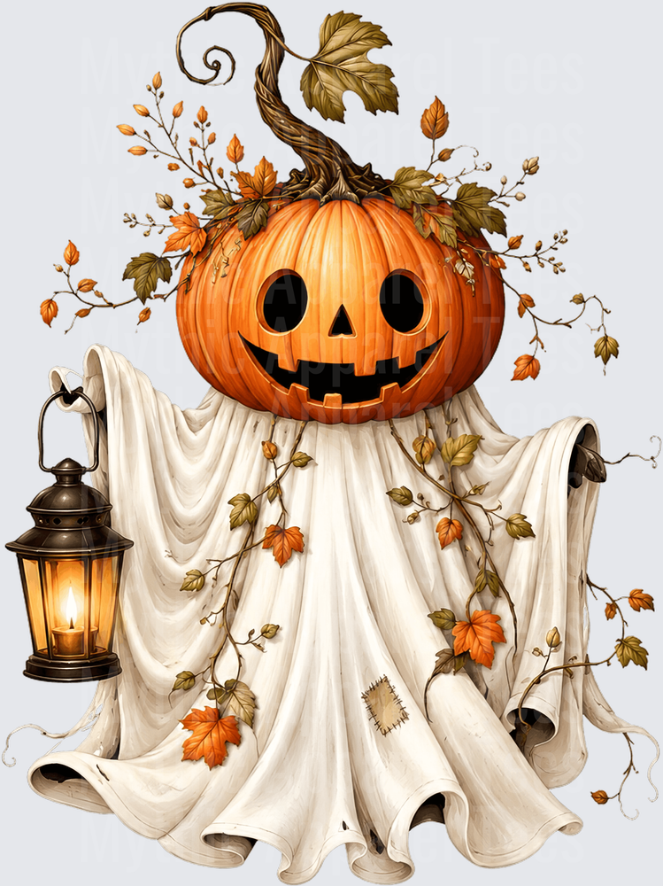 Halloween Pumpkin Ghost with Lantern and Autumn Vine Leaves