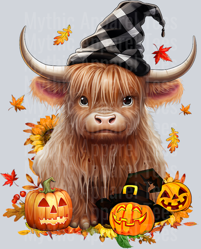 Halloween Highland cow witchy cow Spooky Pumpkin Hello Fall T-Shirt (1)