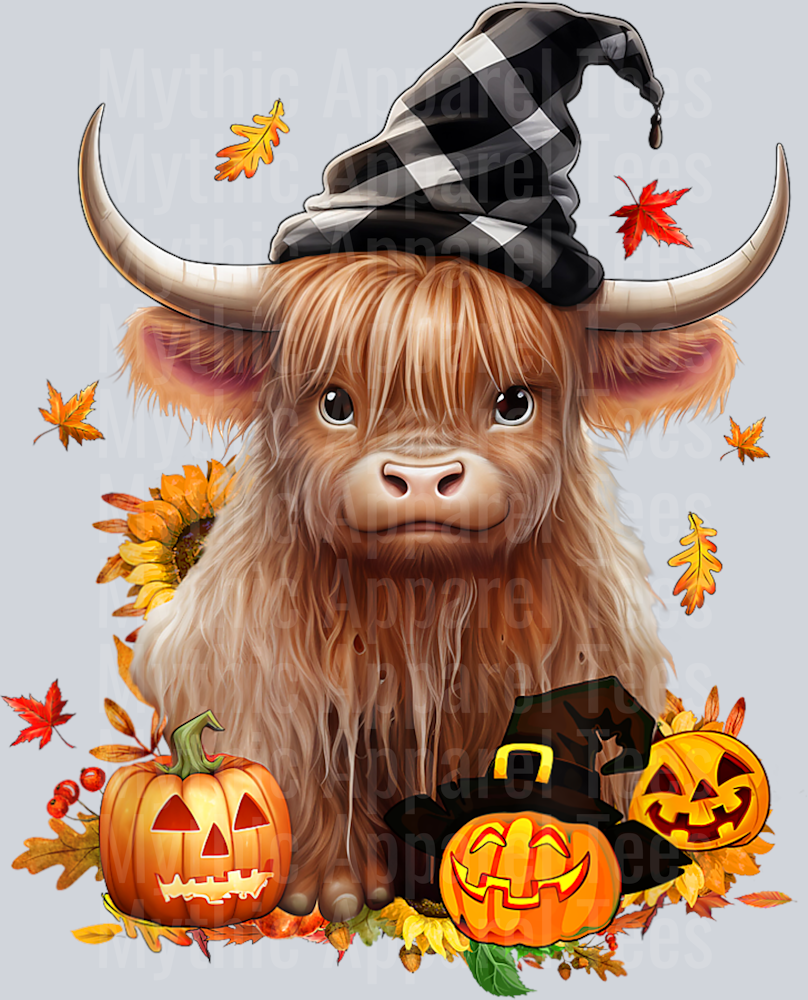 Halloween Highland cow witchy cow Spooky Pumpkin Hello Fall T-Shirt (1)