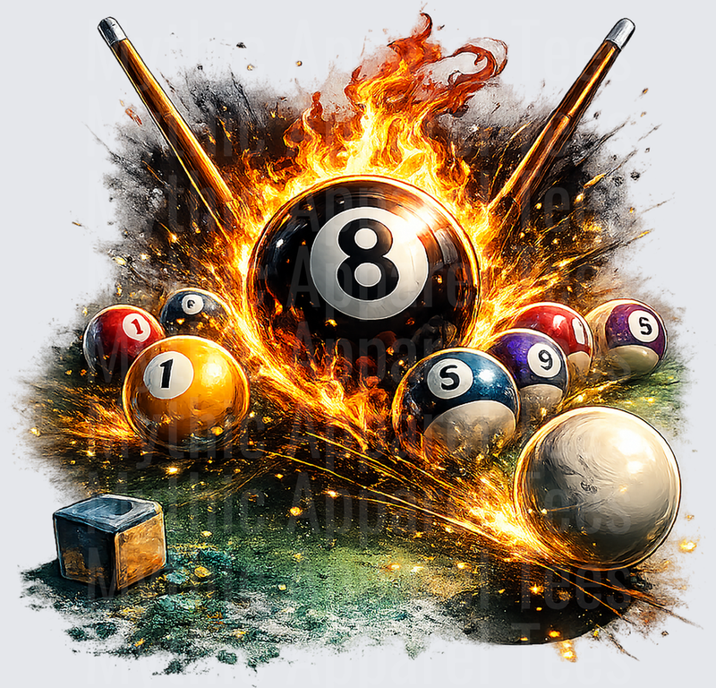Flaming 8 Ball Pool Table Explosion with Crossed Cue Sticks and Billiard Balls Fiery Burst