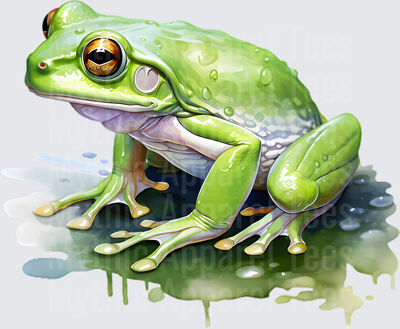 Watercolor Green Tree Frog with Amber Eyes and Water Droplets on Mossy Surface