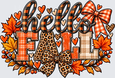 Fall Hello Fall Buffalo Plaid Leopard Print Mixed Pattern Autumn Leaves Hearts and Bows Design