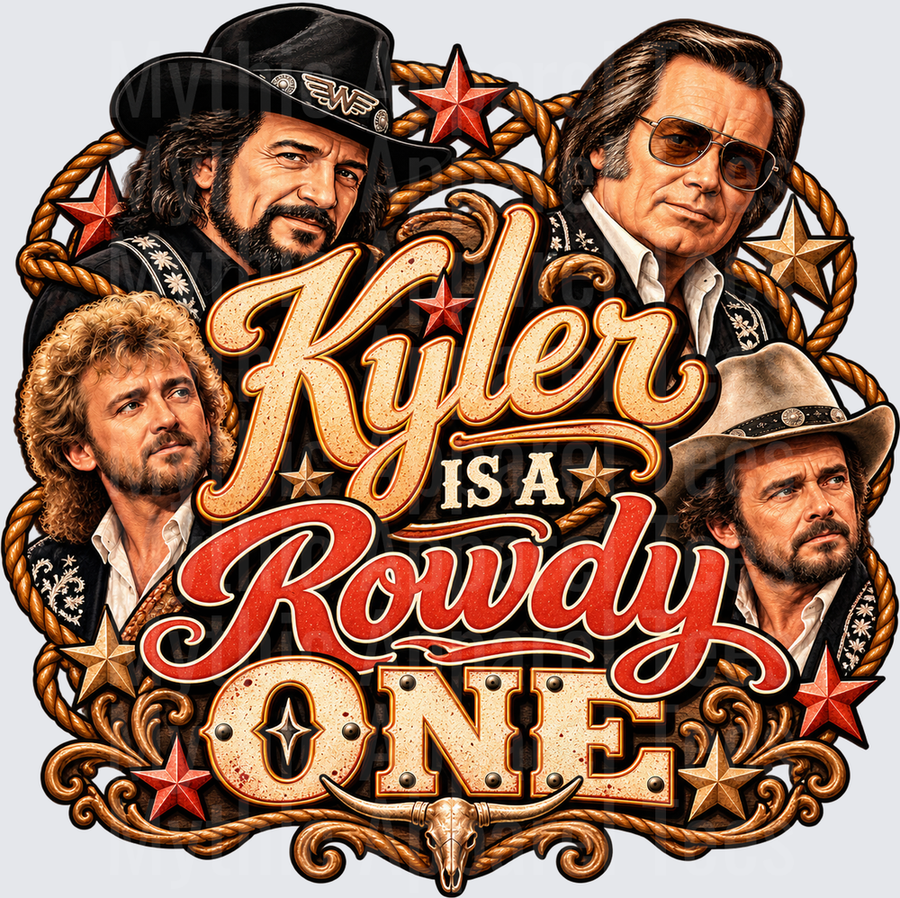 Rowdy One Kyler Country Music Outlaw Legends Western Stars Rope Border Bull Skull Personalized Name Design