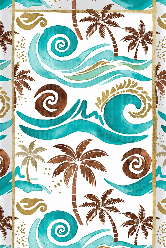 Moana Tropical Waves Palm Trees Watercolor Pattern Gold