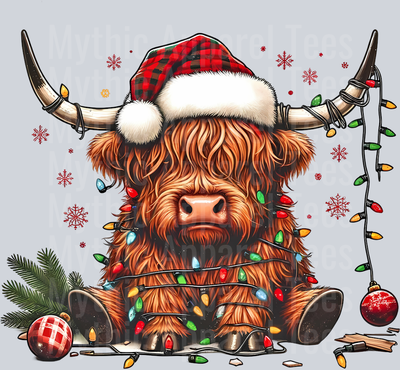 Everything is fine this is fine Highland Cow with Christmas Lights DTF Christmas Transfers