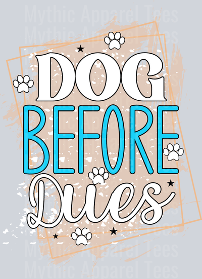 Dog before dues tan and white and blue DTF Dog Transfers