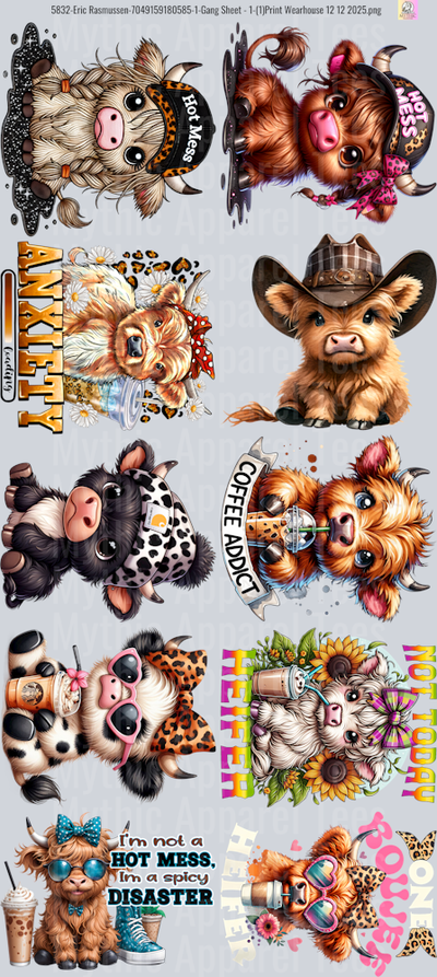 Funny Highland Cow GANG SHEET 10 FULL SIZE IMAGES