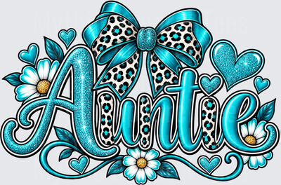 Auntie Teal Glitter Script with Leopard Print Bow Daisies and Hearts Design