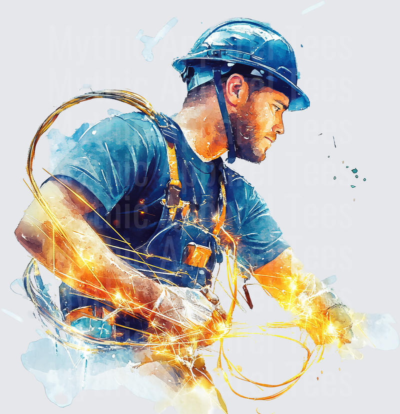 Watercolor Electrician Worker in Blue Hard Hat with Glowing Electric Sparks and Copper Wiring