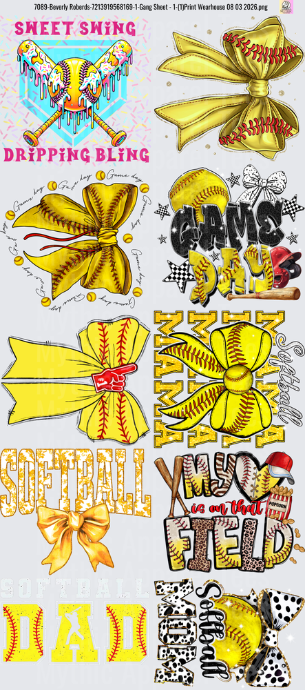 Gang Sheet FULL SIZE DESIGNS Softball Hair Bows Sweet Swing Dripping Bling Game Day Collection