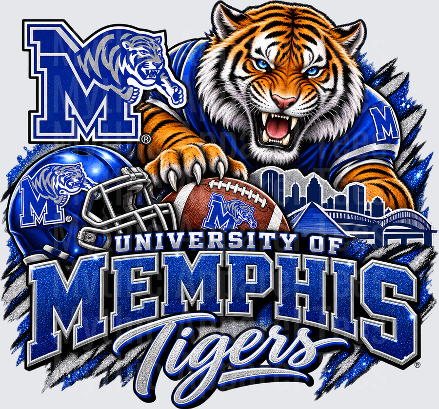 Memphis Tigers Fierce Mascot Breakout Football Helmet Skyline Glitter University of Memphis Spirit Design