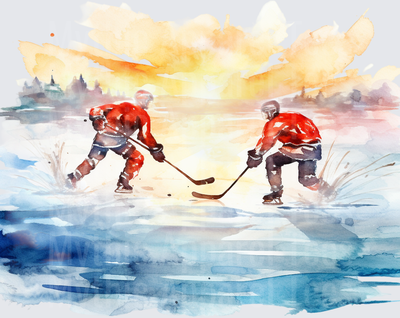 Ice Hockey Players Pond Game Watercolor Sunset Art