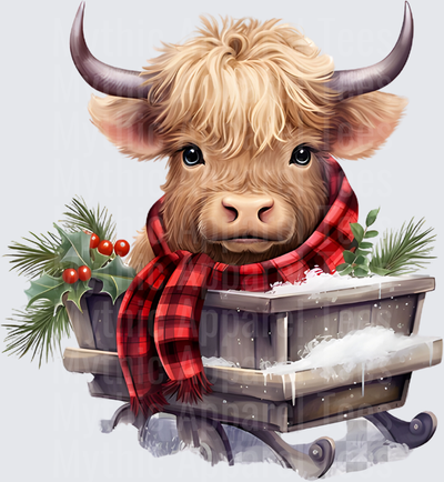 Highland Christmas Cow in Red Plaid Scarf on Snowy Sleigh