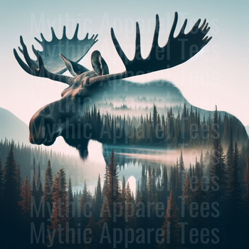 Bull Moose Double Exposure Silhouette with Misty Pine Forest Lake Reflection Wilderness Landscape