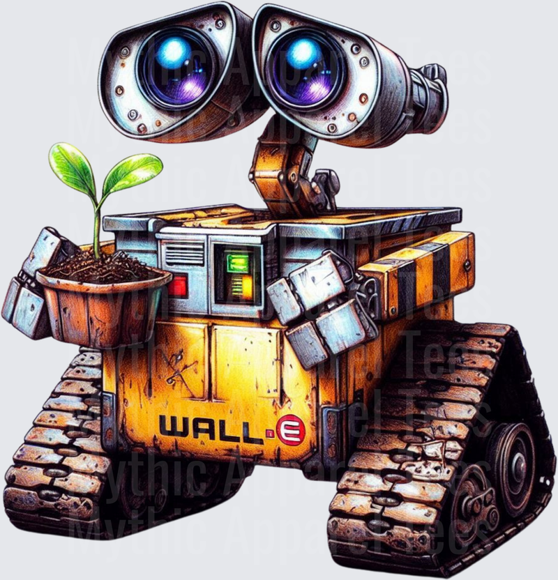 WALL-E Robot Holding Green Seedling Plant in Dirt Pot Detailed Illustrated Design