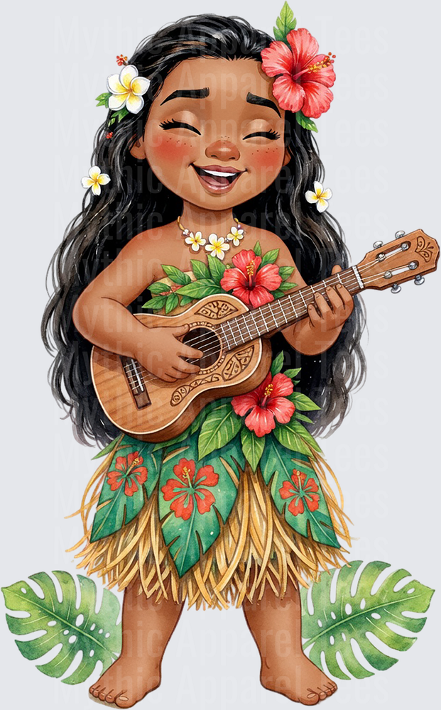 Moana Chibi Playing Ukulele Hibiscus Hula Skirt Watercolor