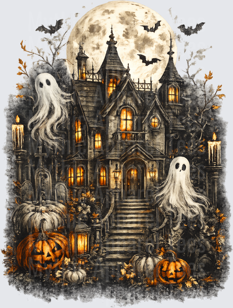 Halloween Haunted Mansion Ghosts Pumpkins Full Moon Bats