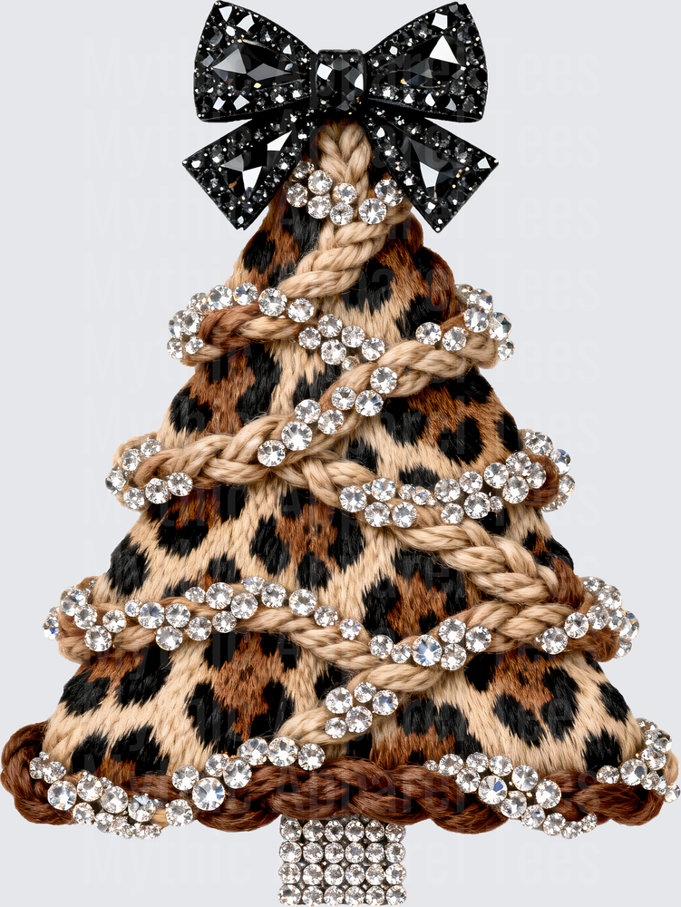 Pro Christmas Leopard Print Fur Christmas Tree with Rhinestone Garland and Black Jeweled Bow Topper
