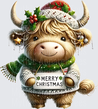 Highland Christmas Cow Merry Christmas Sign Santa Hat Holly