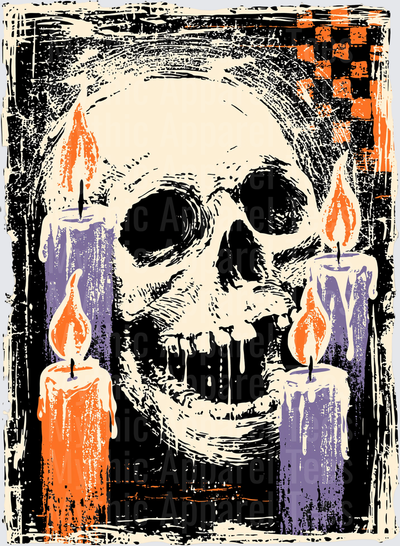 Distressed Halloween Skull with Orange and Purple Dripping Candles on Black Checker Background