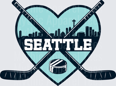 NHL Teams Seattle Kraken Heart Skyline Crossed Sticks Puck