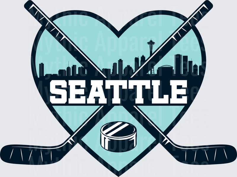 NHL Teams Seattle Kraken Heart Skyline Crossed Sticks Puck