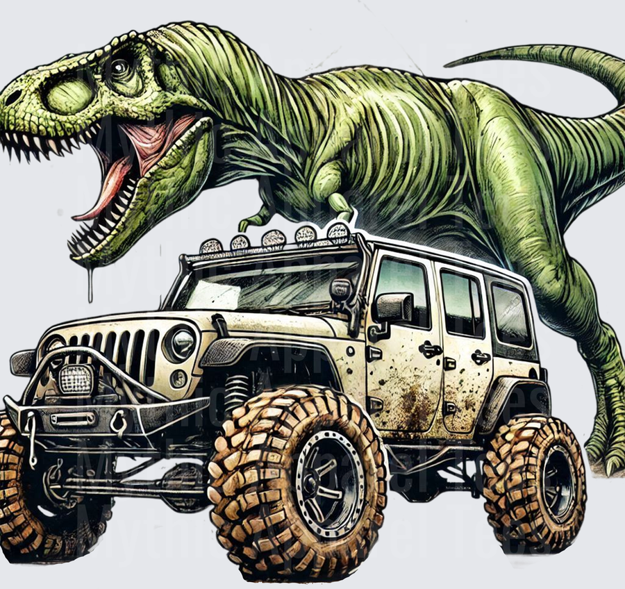 Roaring T-Rex Attacking Muddy Off-Road Lifted Jeep Wrangler